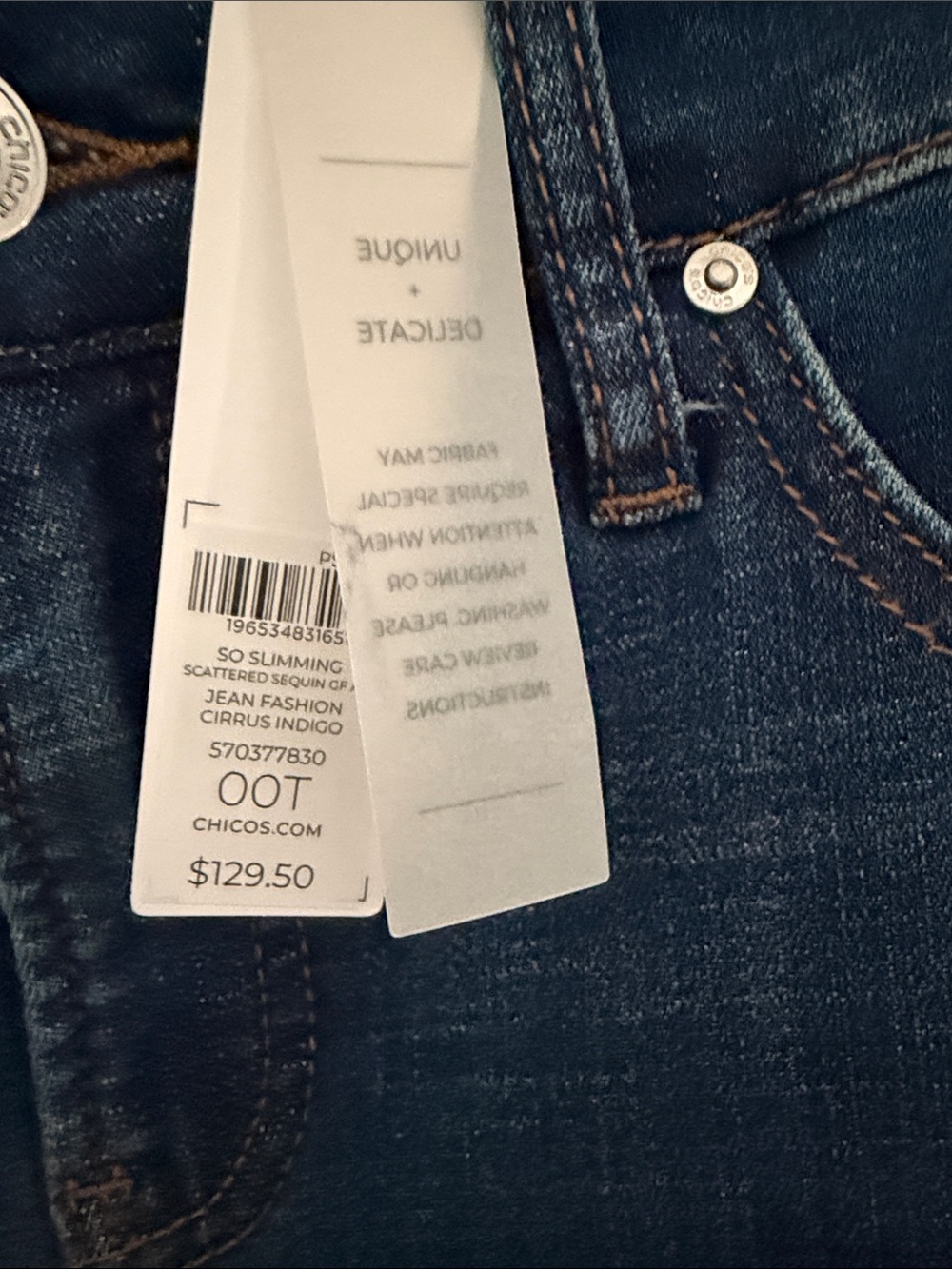 Chico's Blue Straight Leg Jeans with Sequin Hem - Picture 7 of 7